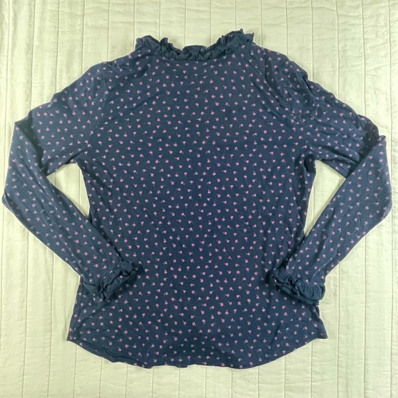 Boden Navy Button Down Shirt with Pink Flower Pattern and Ruffle Accents 12 - Picture 10 of 10